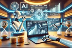 DALL·E 2025-03-03 19.49.36 - A futuristic workspace with a sleek laptop displaying AI-generated financial charts and a glowing 'Passive Income' text on the screen. A robotic hand