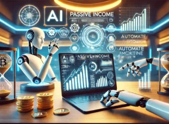 DALL·E 2025-03-03 19.49.36 - A futuristic workspace with a sleek laptop displaying AI-generated financial charts and a glowing 'Passive Income' text on the screen. A robotic hand