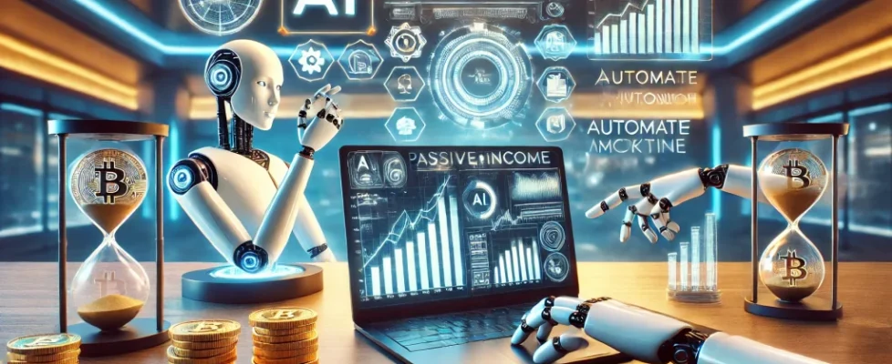 DALL·E 2025-03-03 19.49.36 - A futuristic workspace with a sleek laptop displaying AI-generated financial charts and a glowing 'Passive Income' text on the screen. A robotic hand